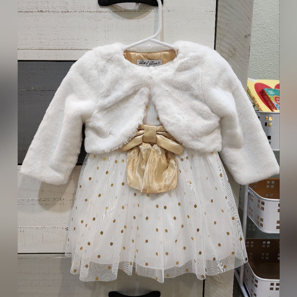 Winter gold polka-dot dress with fuzzy coat